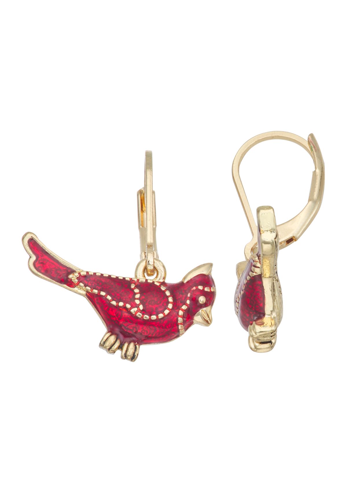 Gold Tone Red Cardinal Earrings