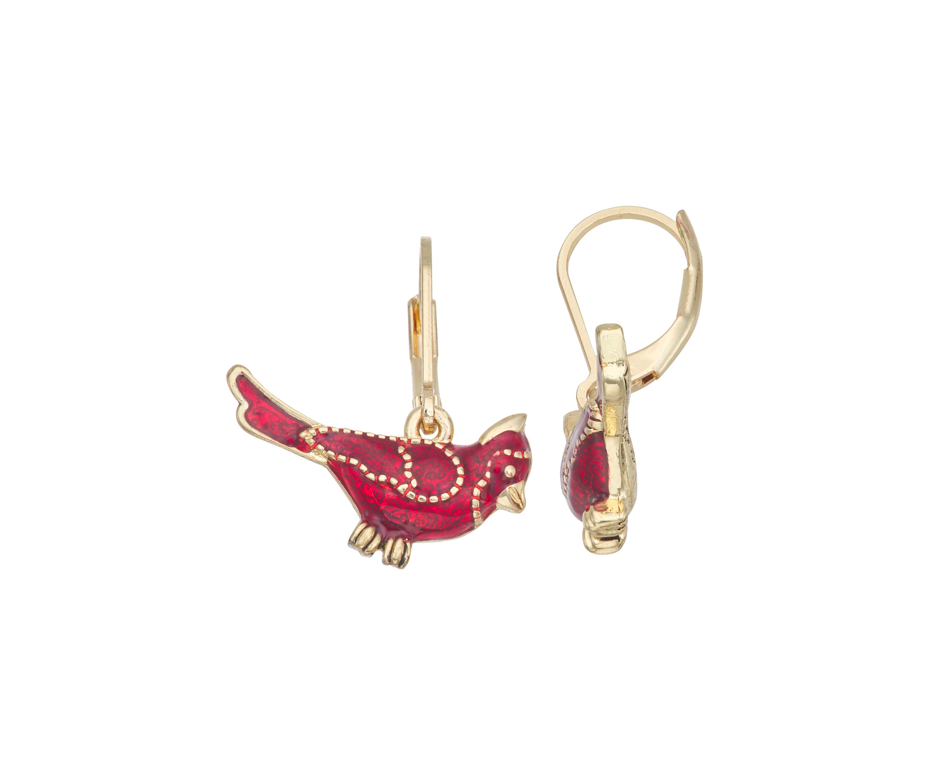 Gold Tone Red Cardinal Earrings