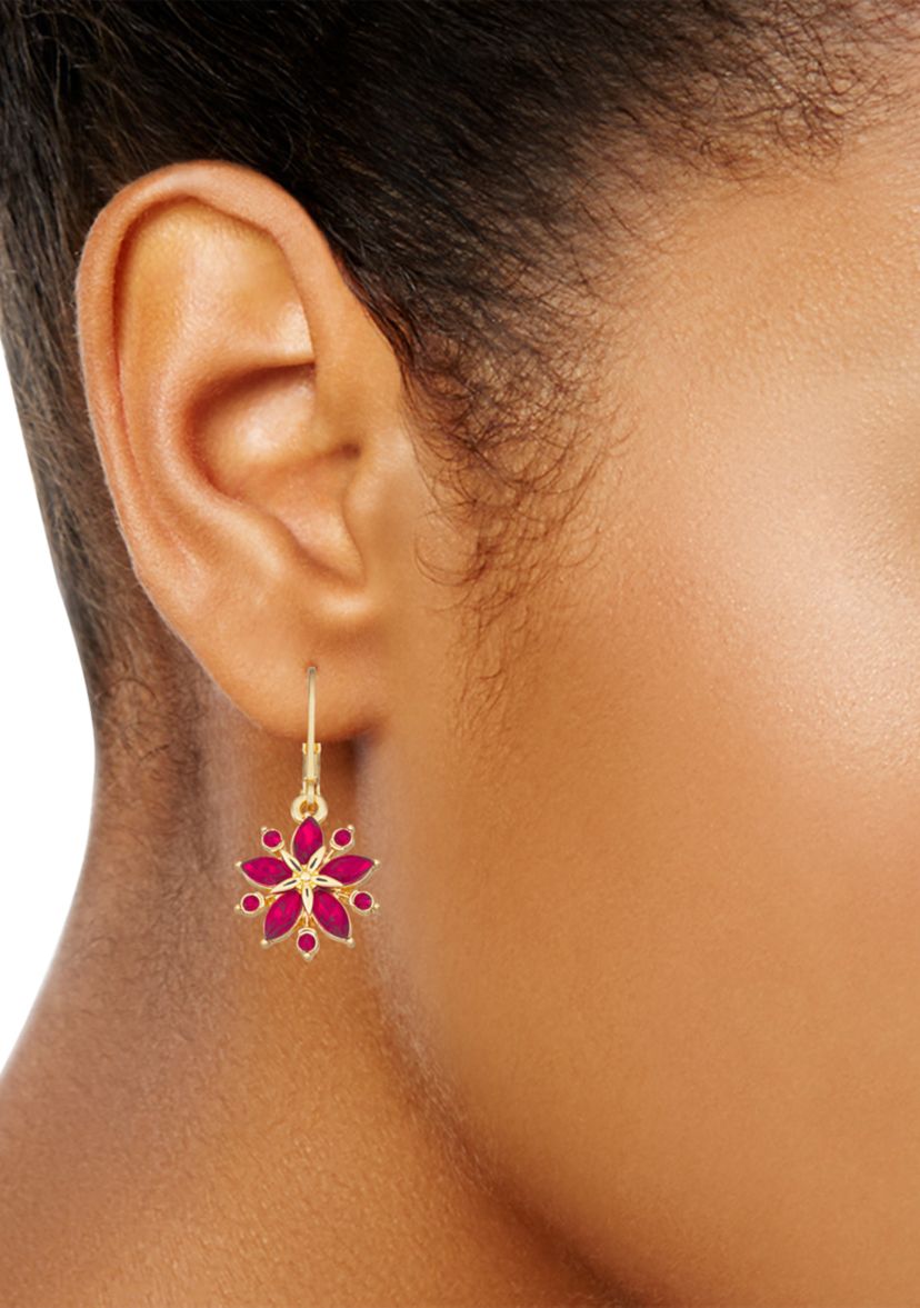 Red Holiday Key Drop Gold Tone Earrings