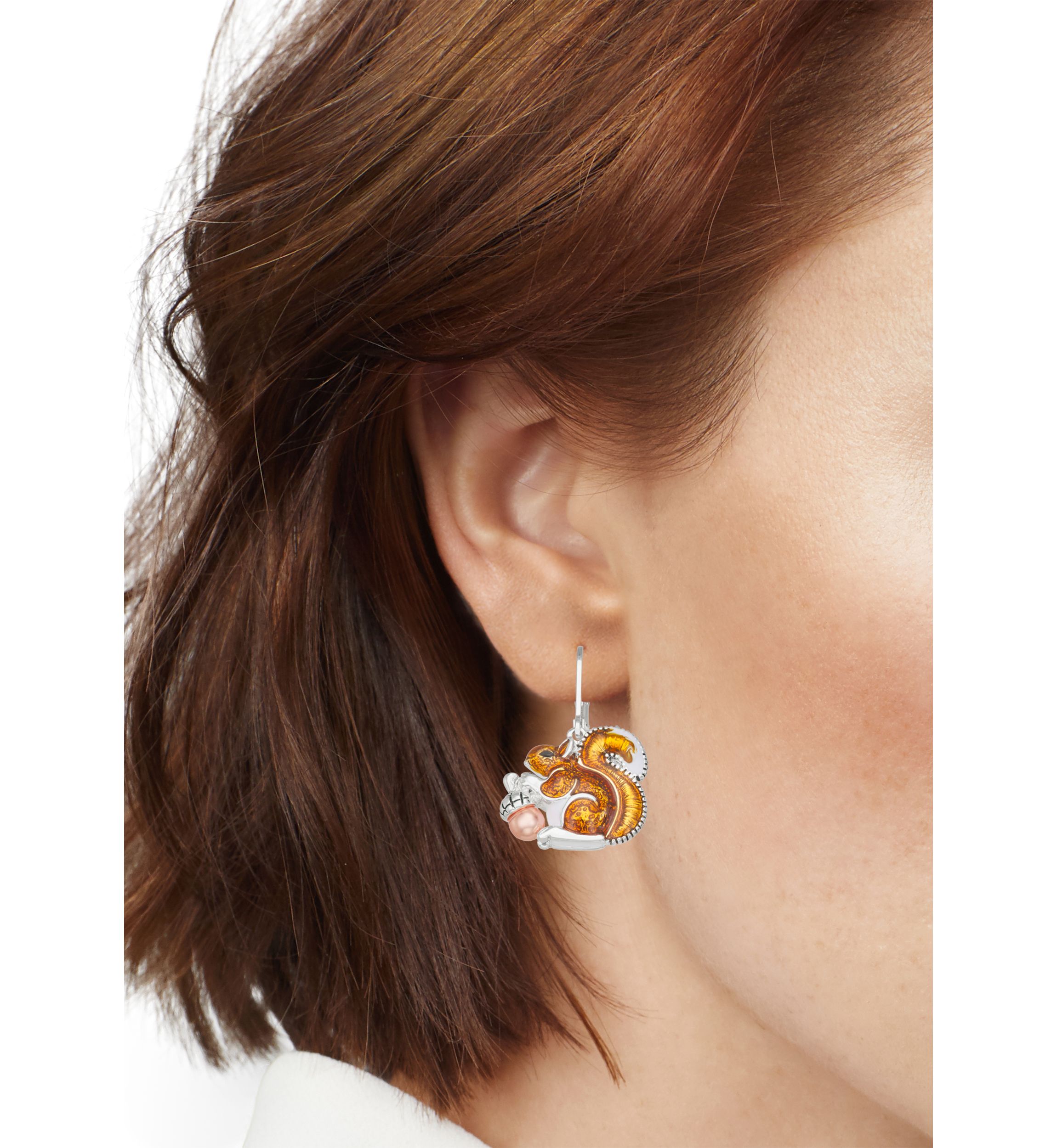Silver-Tone Brown Squirrel Drop Earrings