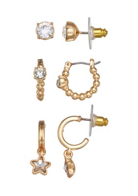 Napier Crystal Stud Hoop Trio Earrings