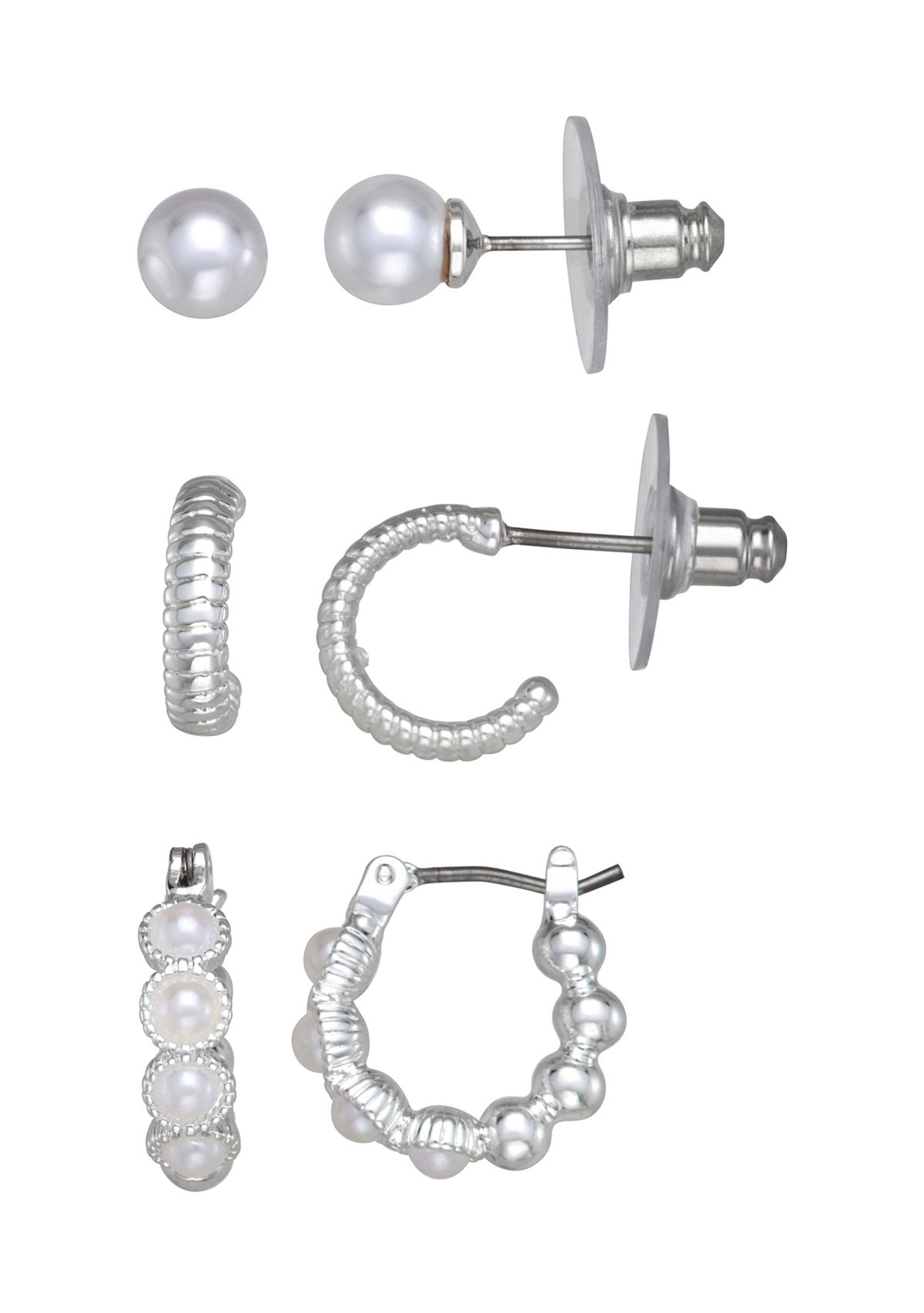 Silver Tone Stud Hoop Trio Earrings