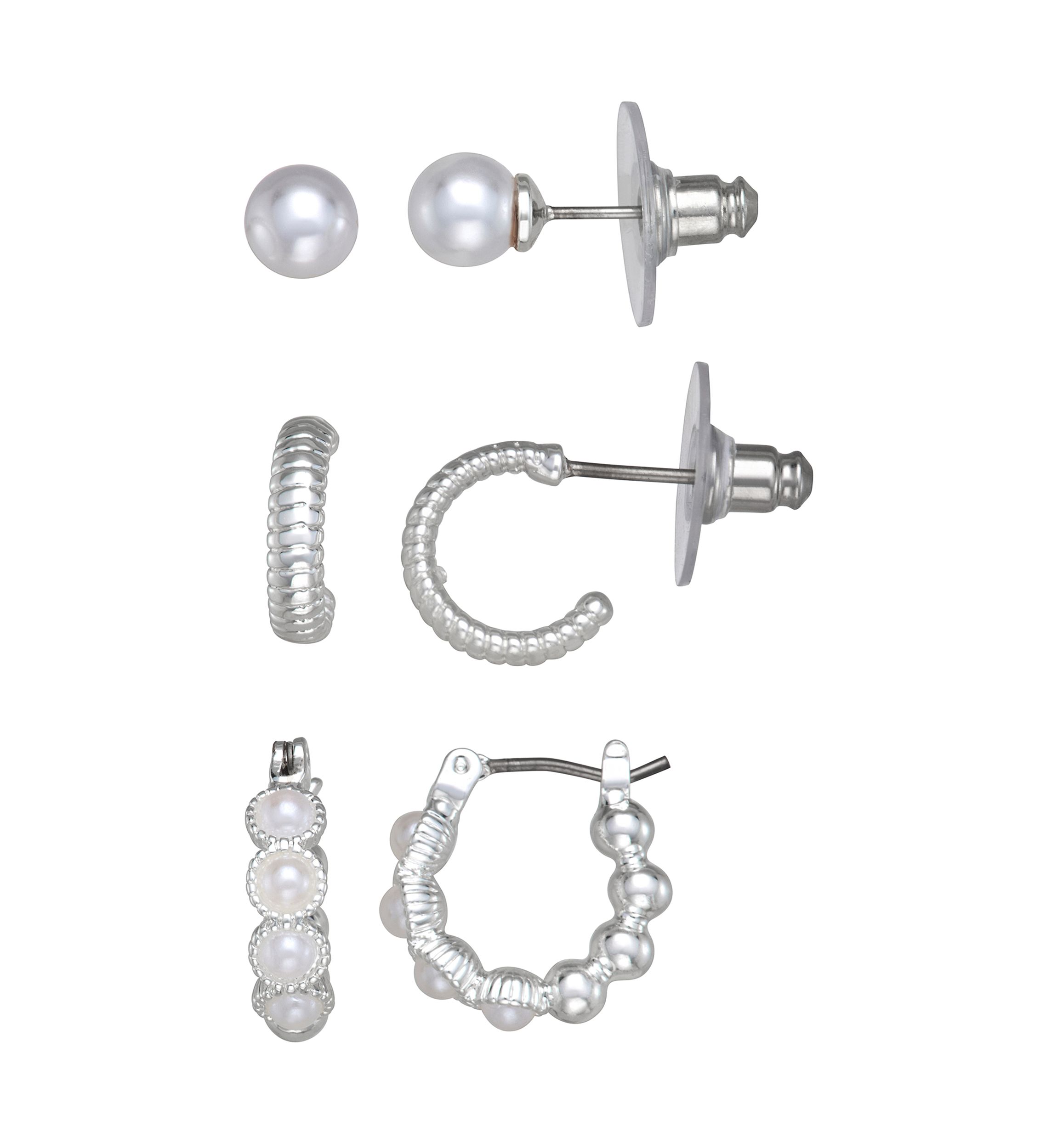 Silver Tone Stud Hoop Trio Earrings