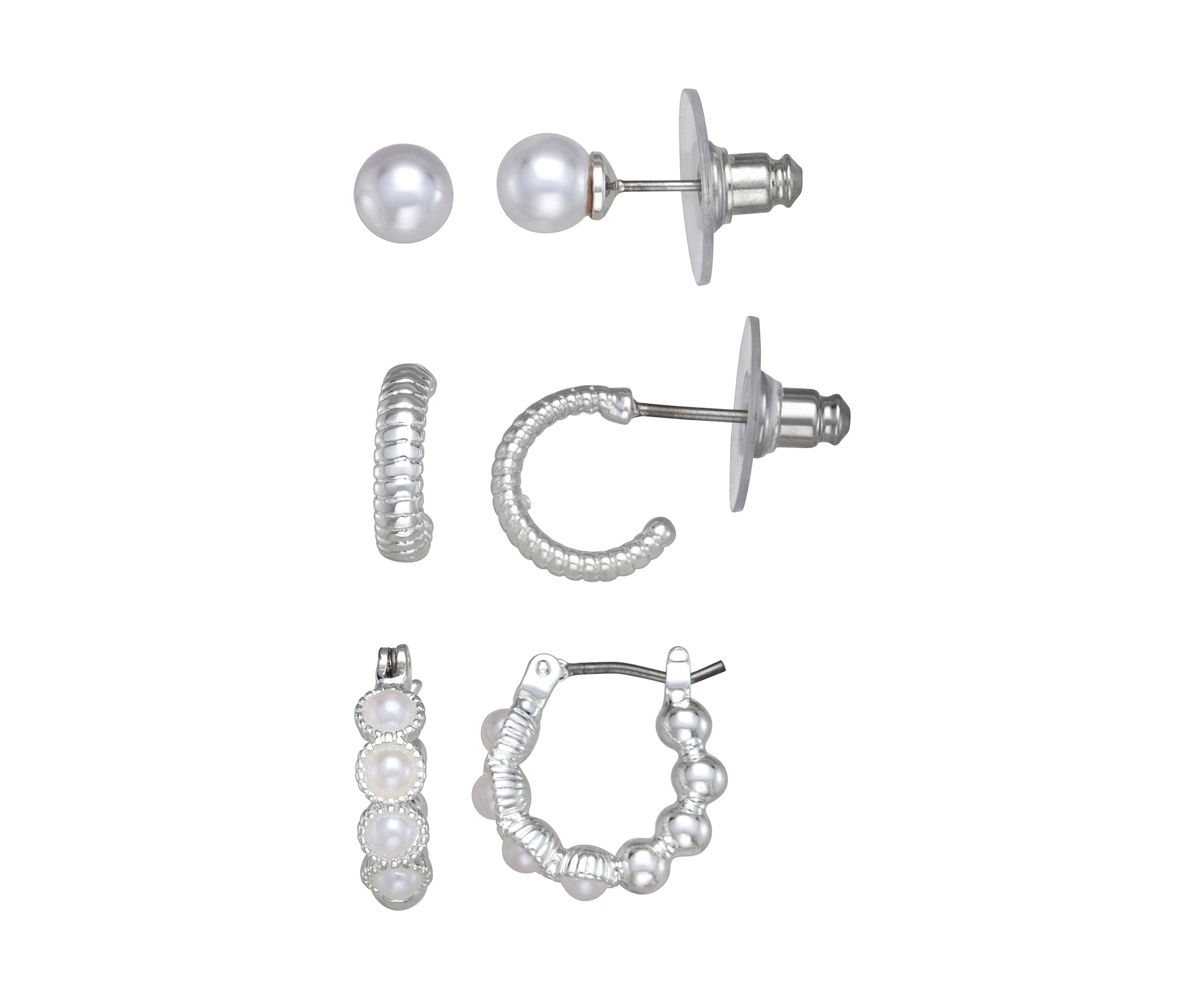 Silver Tone Stud Hoop Trio Earrings