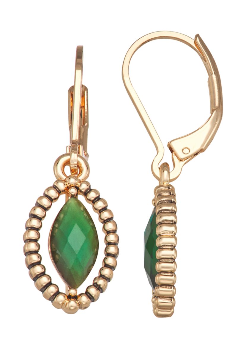 Gold Green Stone Drop Earrings