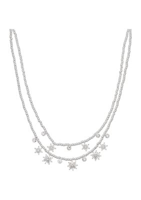 Silver Tone 16'' Crystal Flakes Multirow Necklace