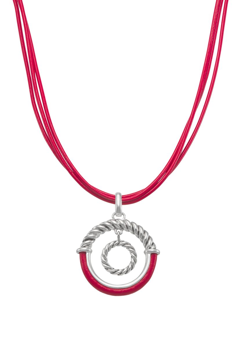 Silver Tone 16" Leather Pendant Necklace