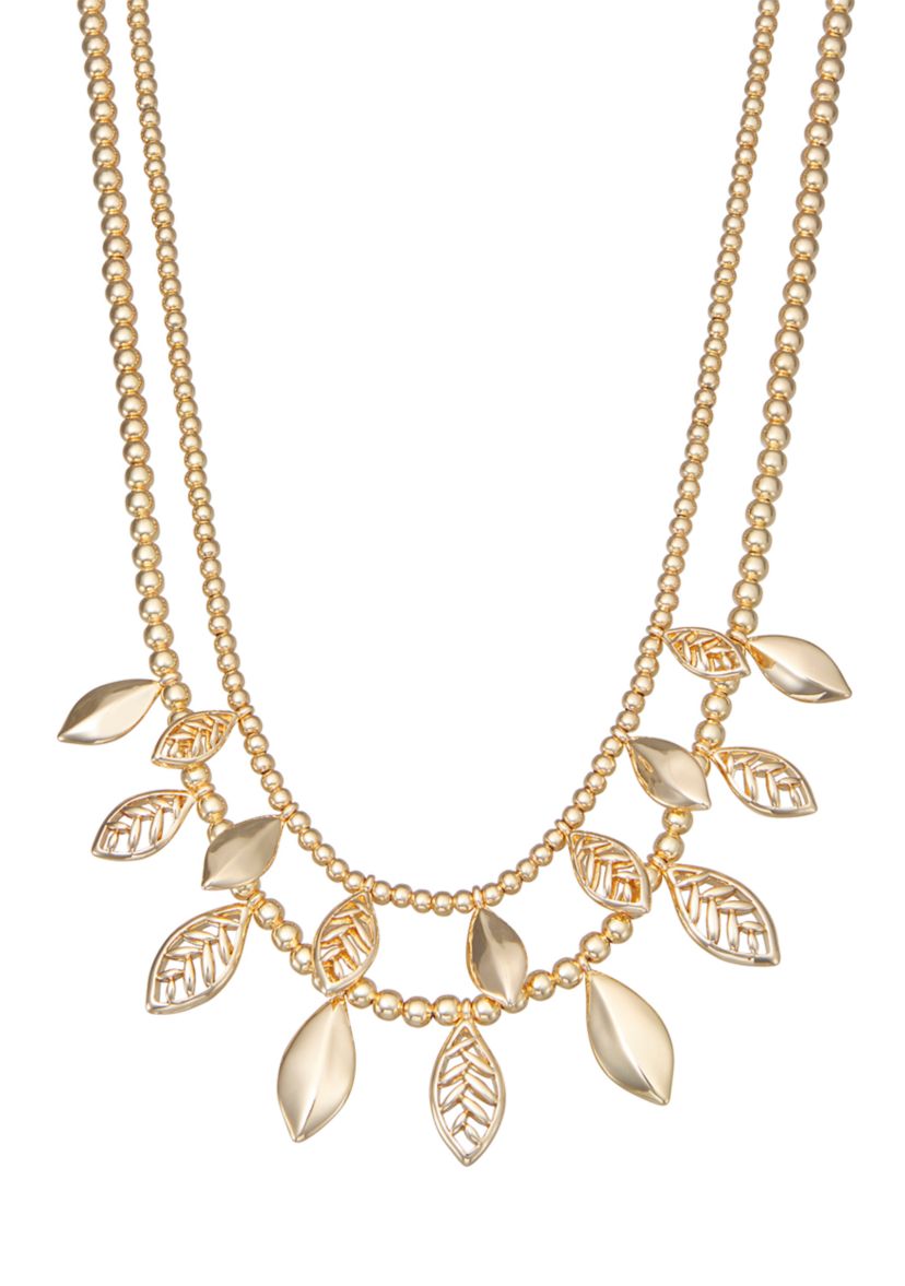 Gold Tone Falling Leaves Double Row Necklace