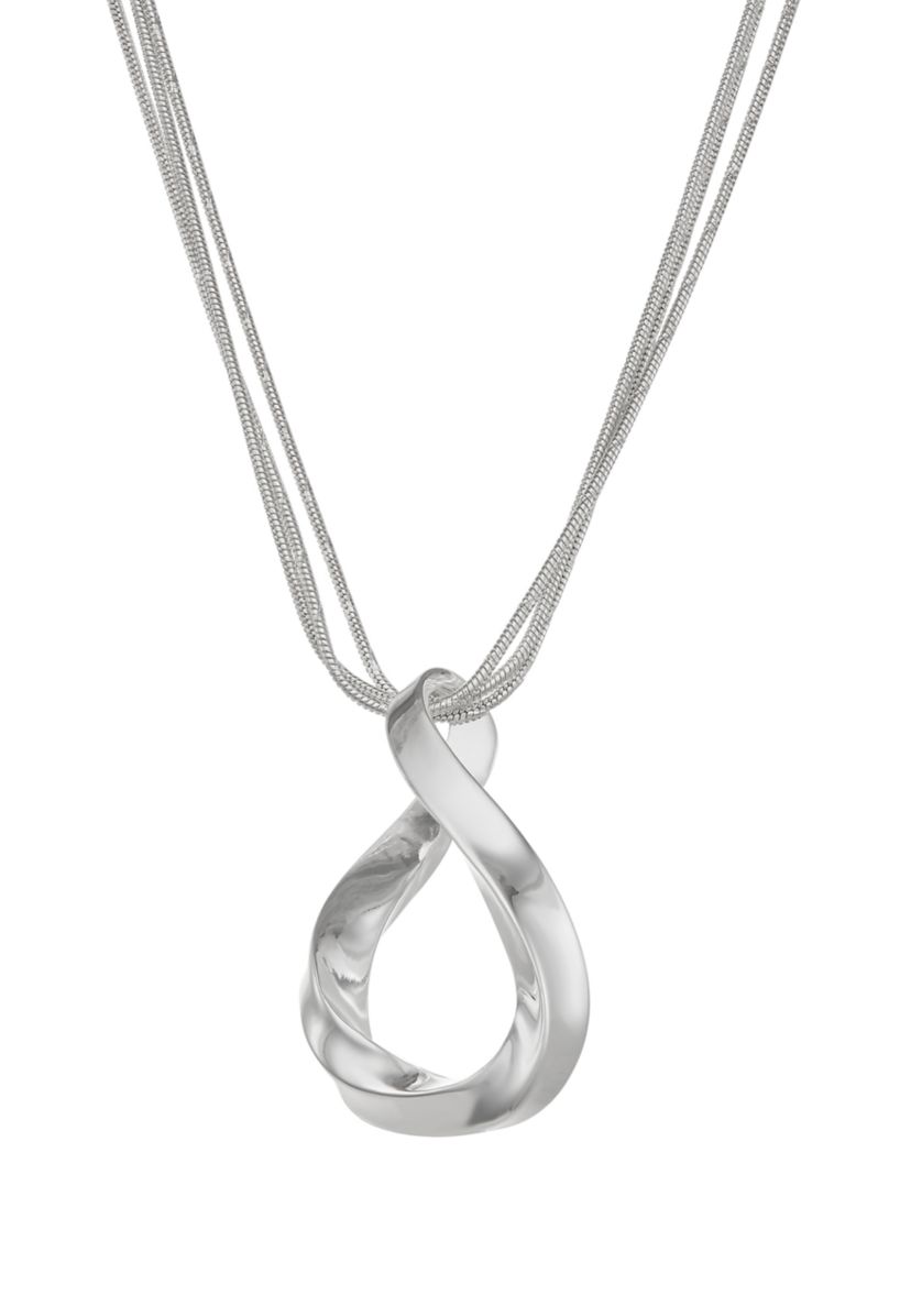 Silver Tone Twisted Ribbon Long Pendant Necklace