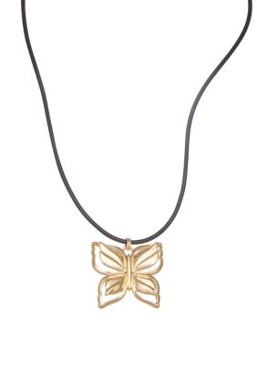 Napier Gold Tone Butterfly Leather Pendant Necklace, 16 in