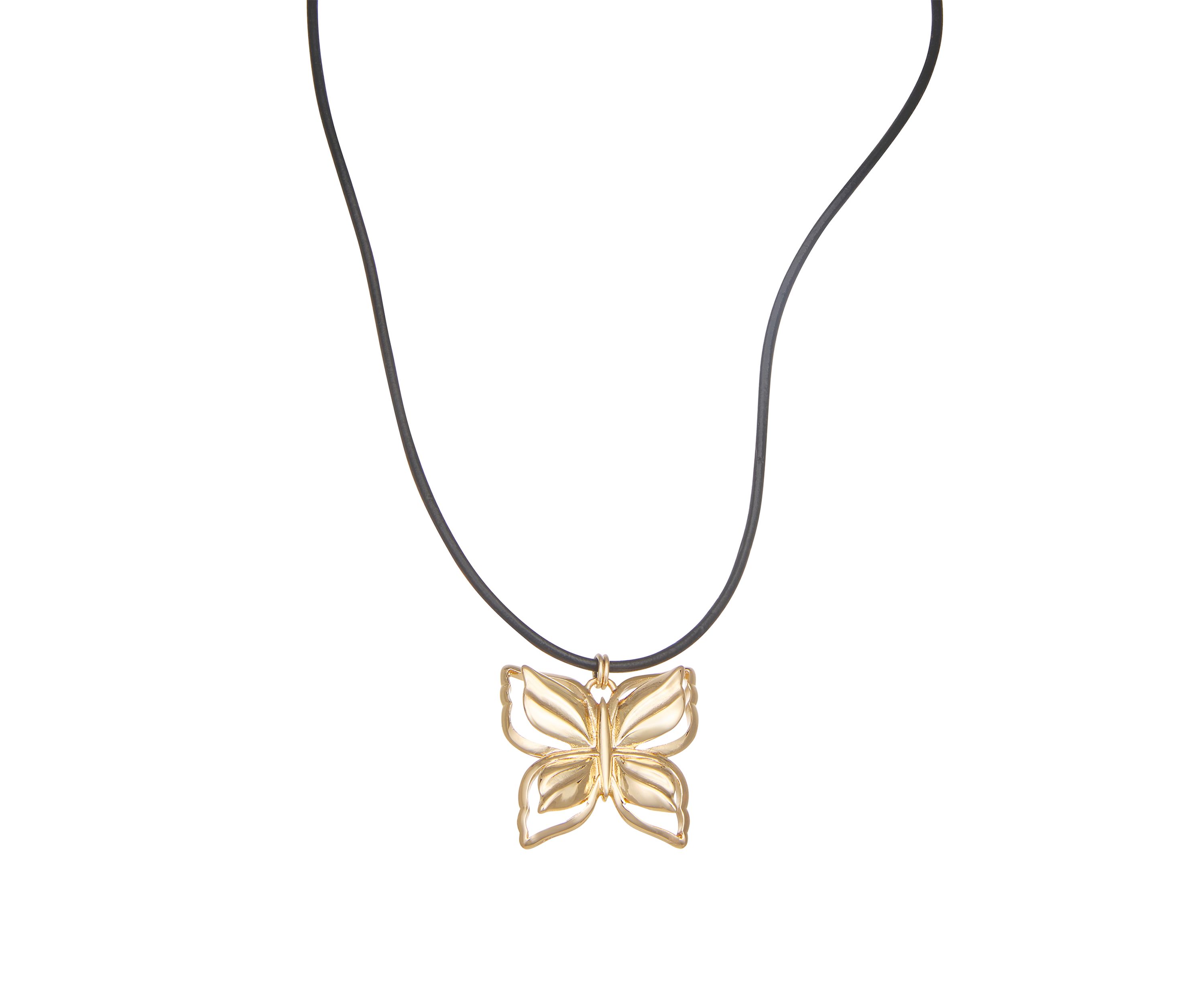 Gold Tone Butterfly Leather Pendant Necklace