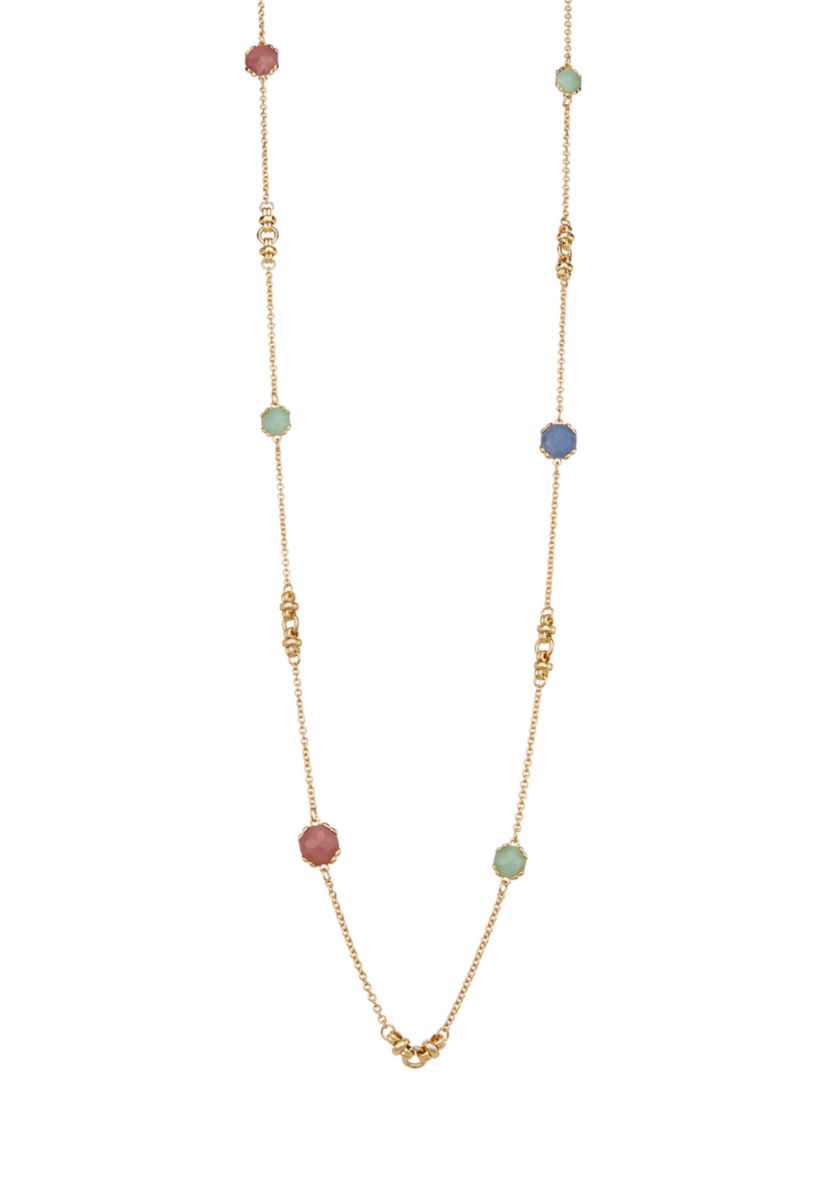 Gold Tone Multi Stone Long Strand Necklace