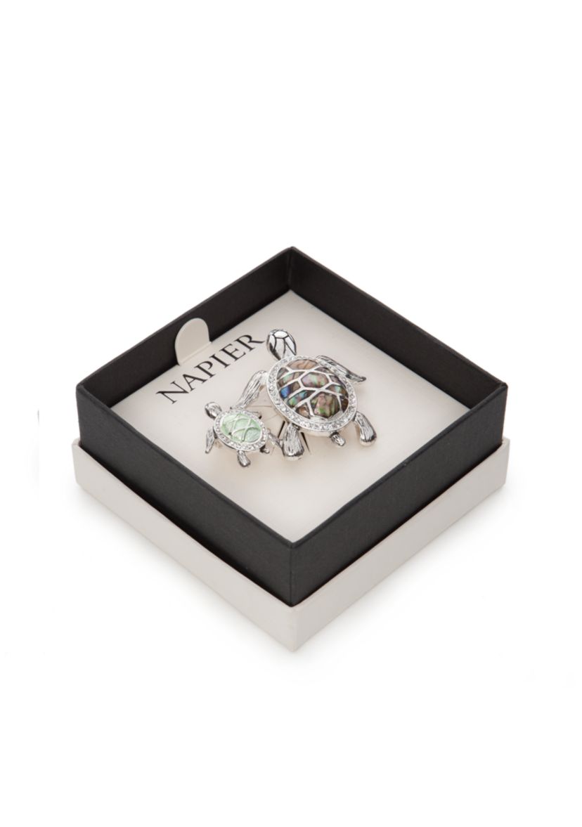 Silver-Tone Mother Turtle and Baby Boxed Pin