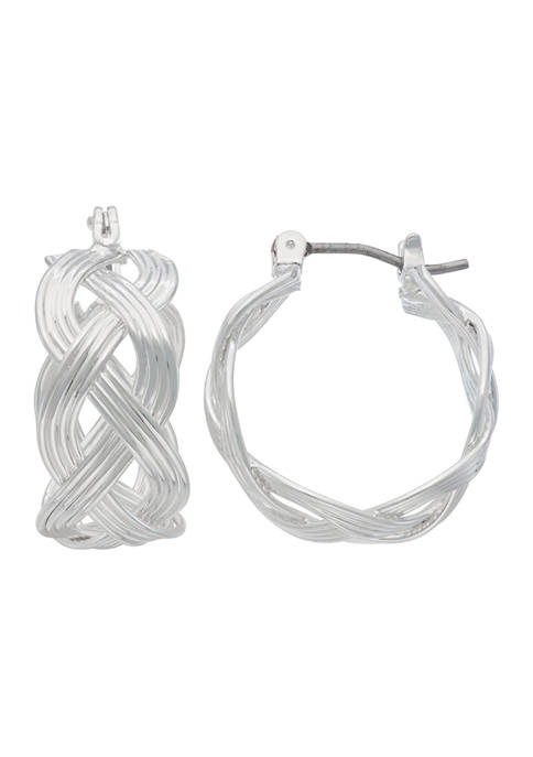 Silver Tone 21 Millimeter Textured Small Click Top Hoop Earrings