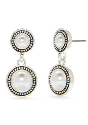 Napier Silver Tone Double Drop Pearl Earrings Belk