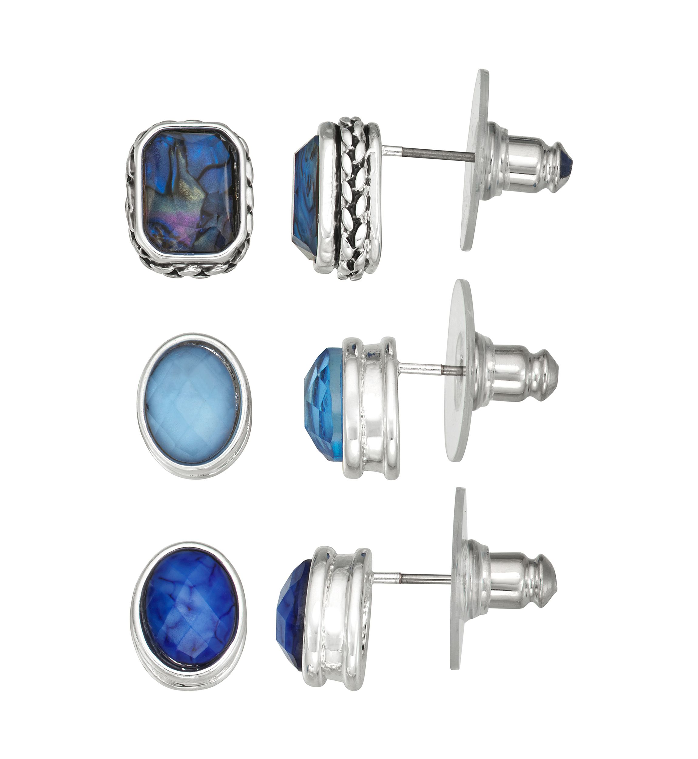 Silver Tone Blue Multi Stud Trio Set Earrings