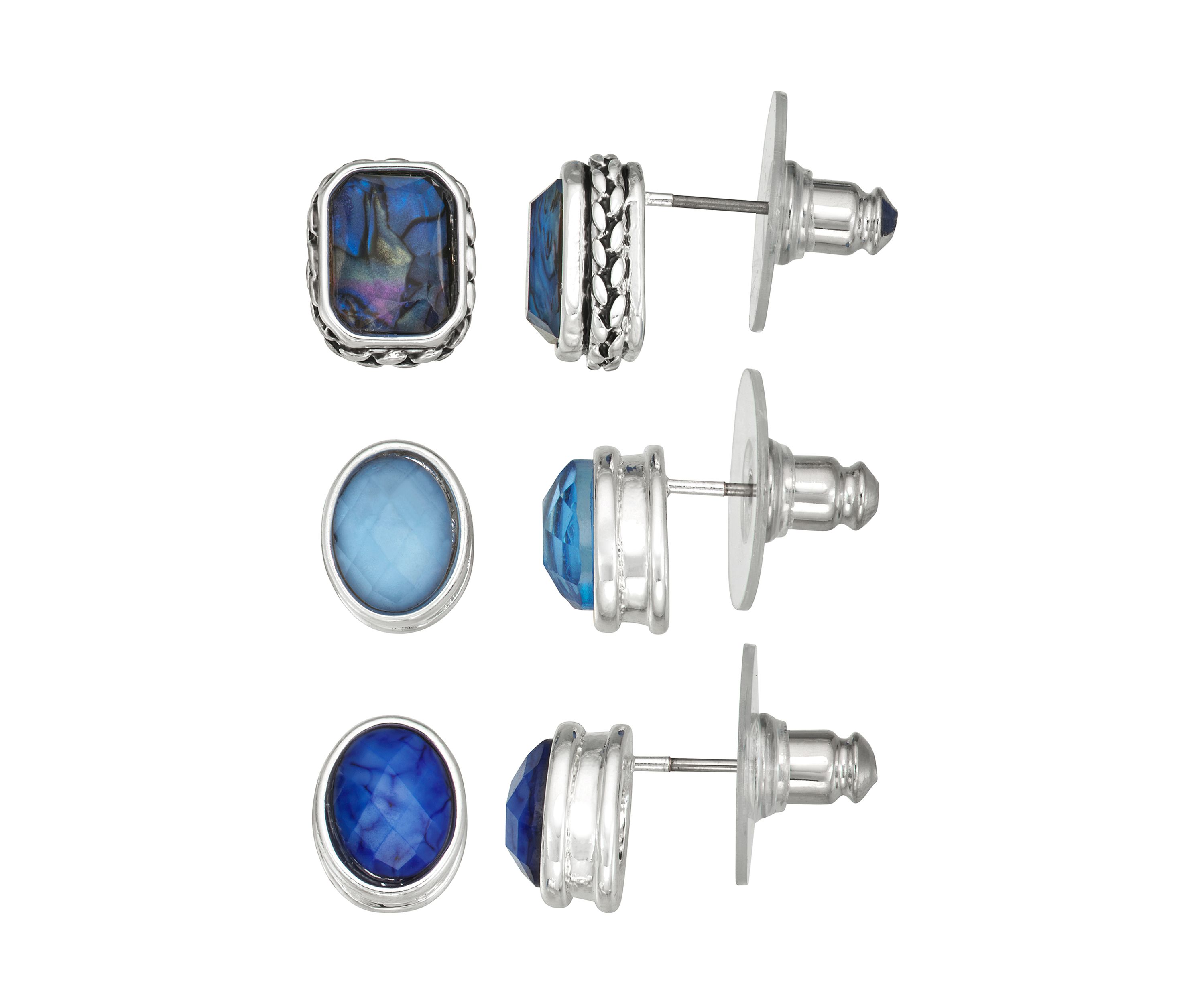 Silver Tone Blue Multi Stud Trio Set Earrings