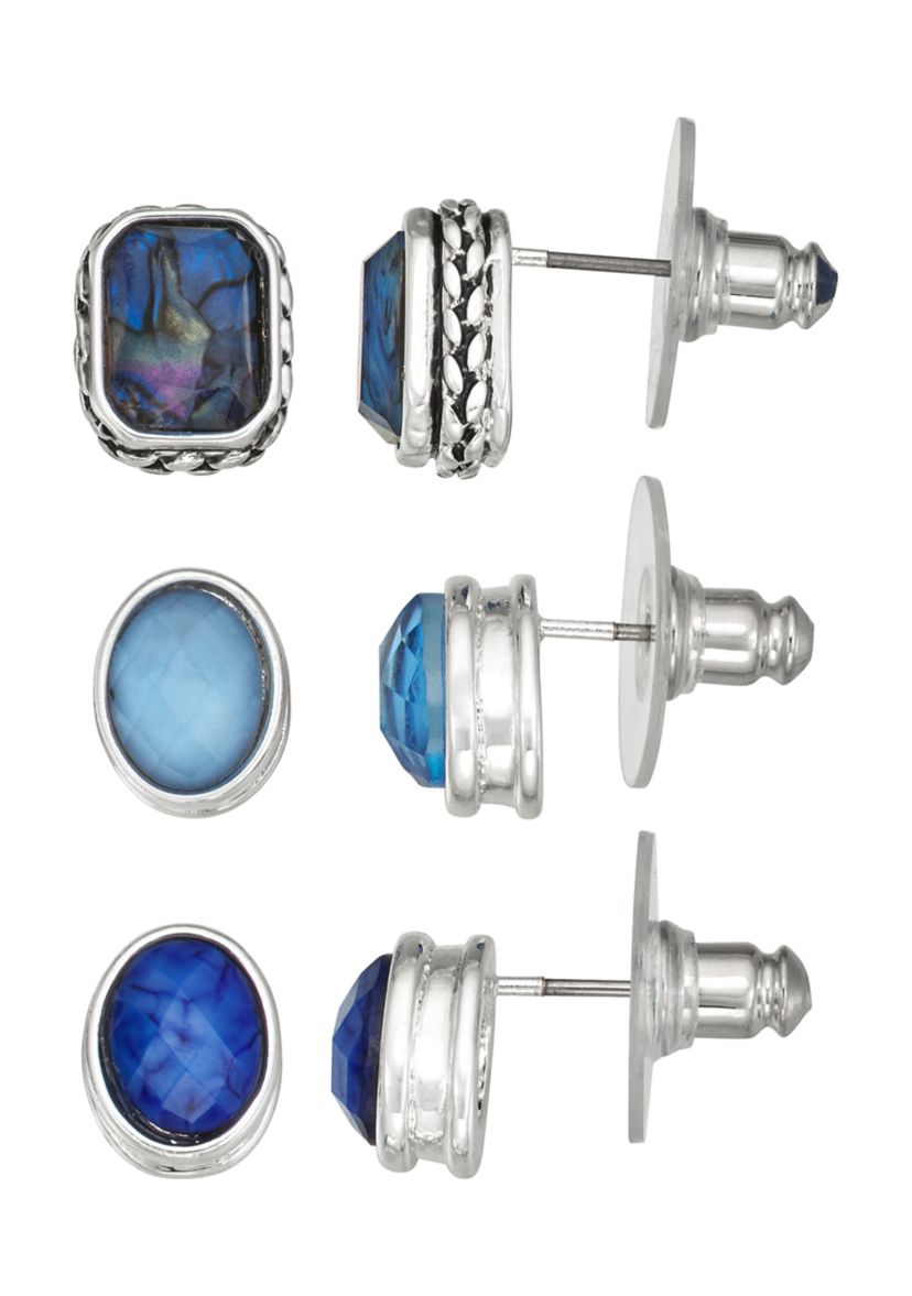 Silver Tone Blue Multi Stud Trio Set Earrings