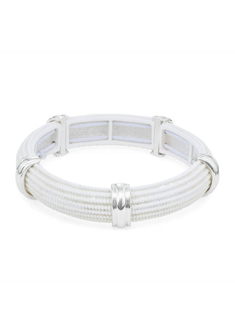 Silver Tone White 2.75 Inch Spectator Bead Bangle Stretch Bracelet