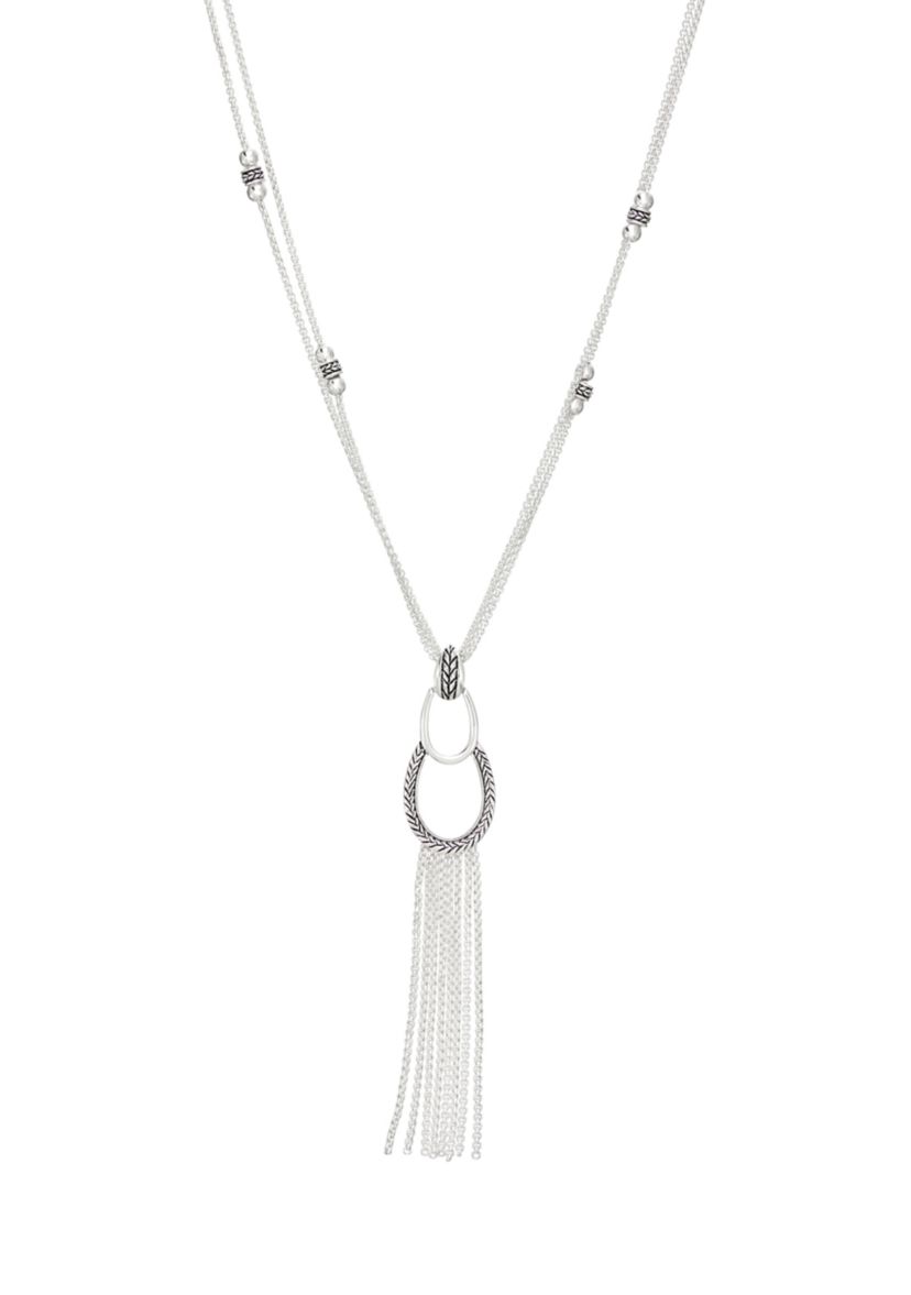 Silver Tone 28 Inch Pear Threads Long Y Necklace