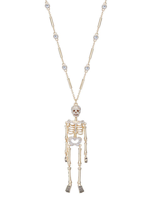 Gold Tone Crystal 32 Inch Trick Bones Long Pendant Necklace
