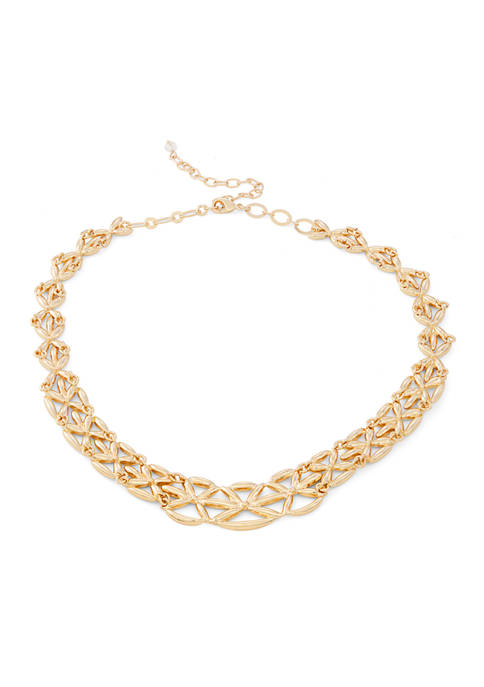 Gold Tone Statement Open Weave Collar Necklace 