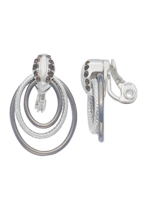 Silver Tone Crystal Open Link Door Knocker Clip Earrings