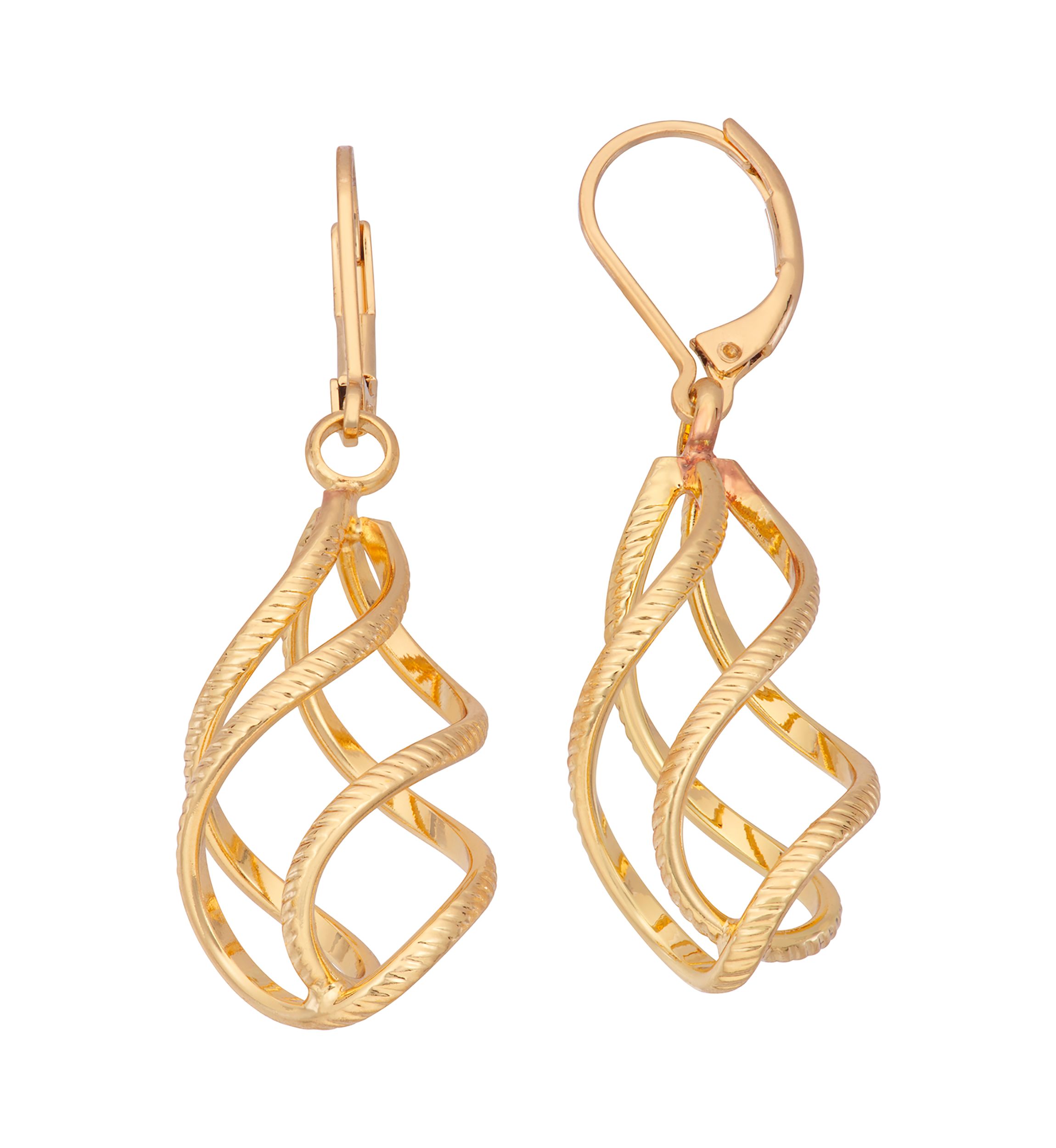 Gold Tone Open Twisted Linear Lever Back Drop Earrings