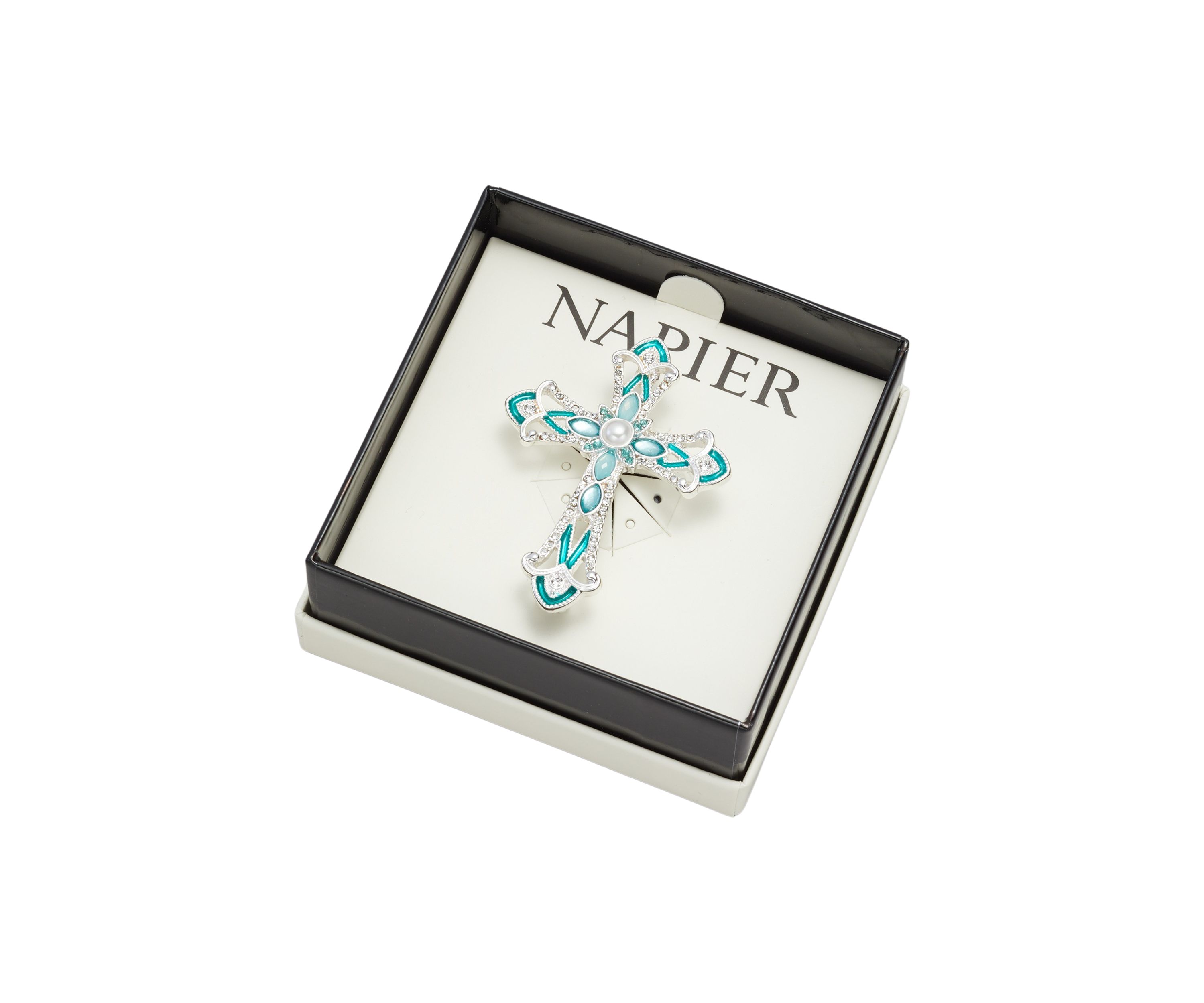 Silver Tone Blue Green Multi Cross Pin Boxed Jewelry