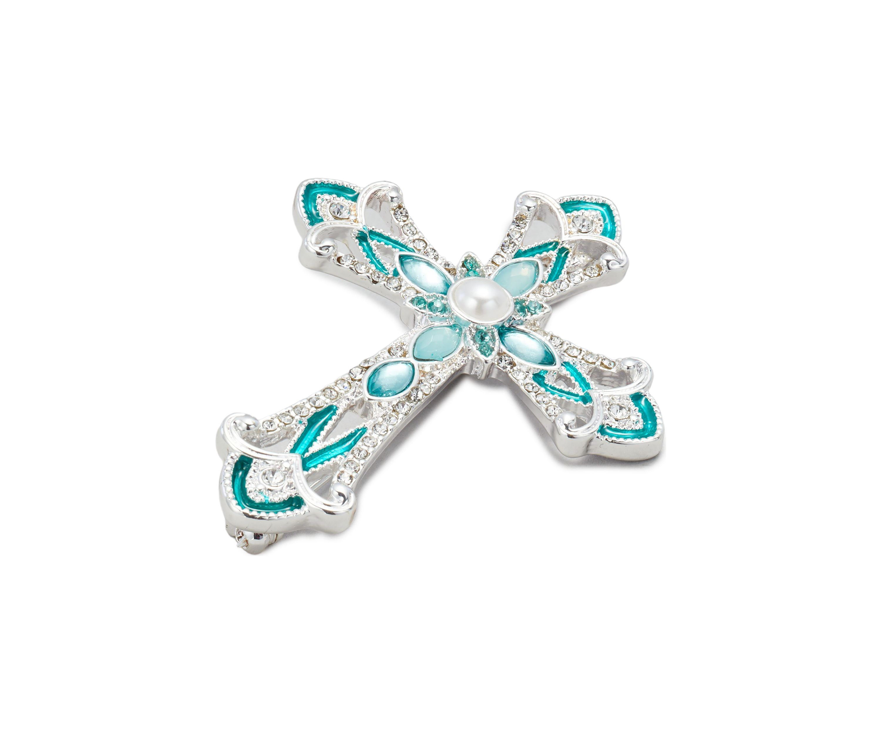 Silver Tone Blue Green Multi Cross Pin Boxed Jewelry