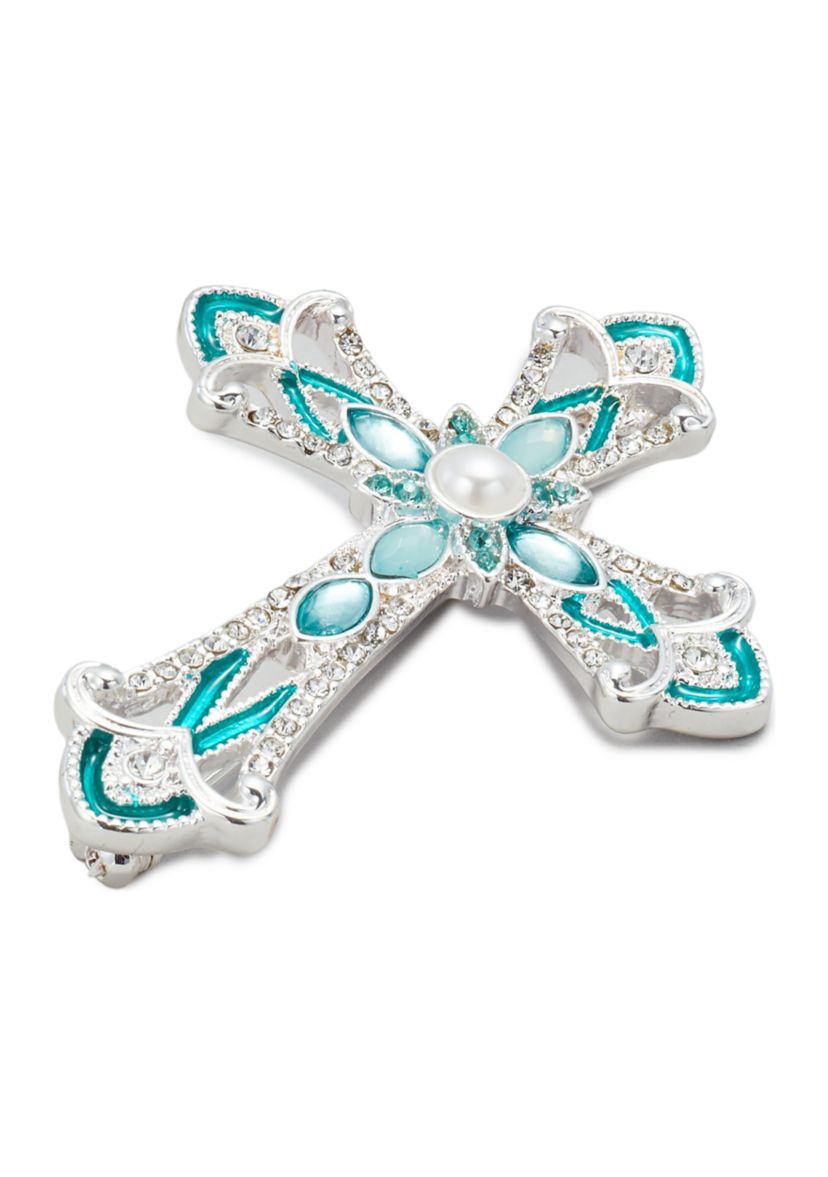 Silver Tone Blue Green Multi Cross Pin Boxed Jewelry