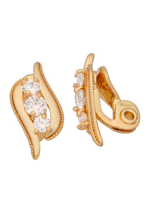 Gold Tone Cubic Zirconia Social Stud Clip Earrings