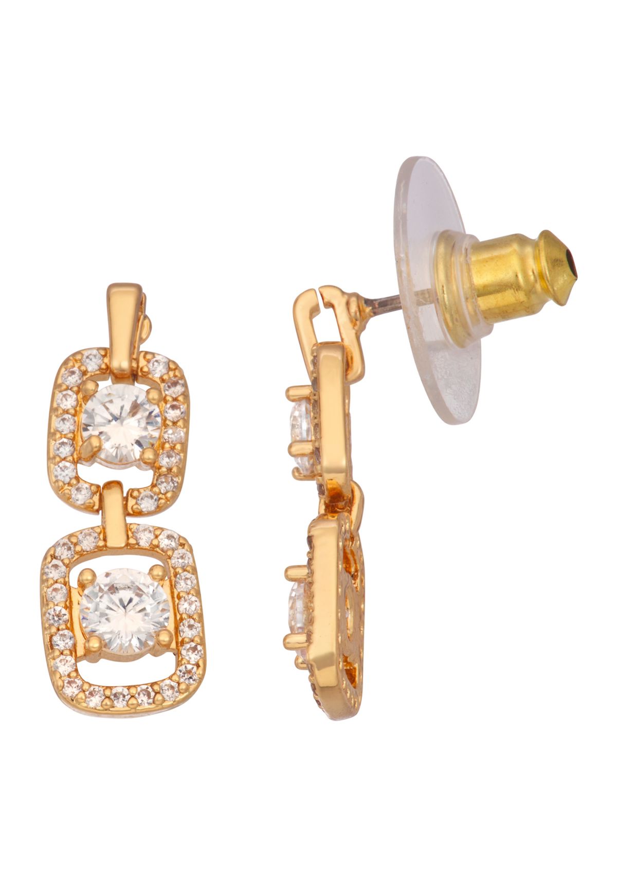 Gold Tone Cubic Zirconia Double Drop Linear Earrings