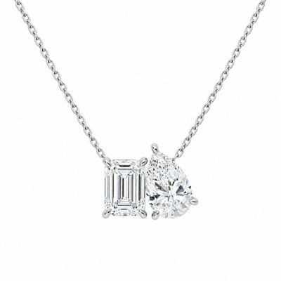 Saffron Toi et Moi Double Pendant Necklace, Pear & Emerald Cut Cubic Zirconia (Silver), Silver, 18 in