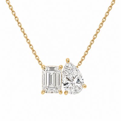 Saffron Toi et Moi Double Pendant Necklace, Pear & Emerald Cut Cubic Zirconia (Silver), Gold, 18 in