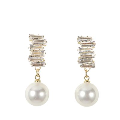 Saffron 18K Gold Plated Stainless Steel Baguette Cubic Zirconia Drop Earrings with Pearl