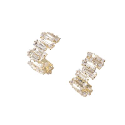 Saffron 18K Gold Plated Stainless Steel Stacked Baguette Cubic Zirconia Ear Climber Stud Earrings