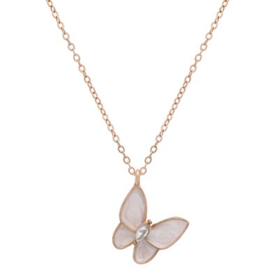 Saffron 18K Gold Plated Butterfly Necklace for Women, Mother of Pearl Butterfly Pendant with CZ Accent, Adjustable Stainless Steel Chain