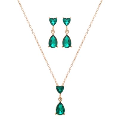 Saffron 18K Gold Plated Emerald Green CZ Jewelry Set for Women, Heart & Teardrop Pendant Necklace with Matching Drop Earrings, Stainless Steel