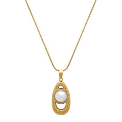 Saffron 18K Gold Plated Pearl Pendant Necklace for Women, Stainless Steel Open Oval Design, Adjustable Chain, Hypoallergenic Elegant Jewelry Gift, 18