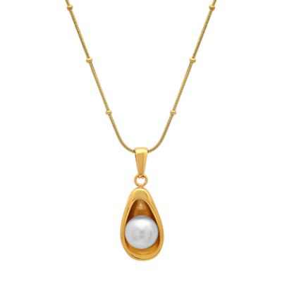 Saffron 18K Gold Plated Pearl Pendant Necklace for Women, Stainless Steel Teardrop Design, Adjustable Chain, Hypoallergenic Elegant Jewelry Gift, 18