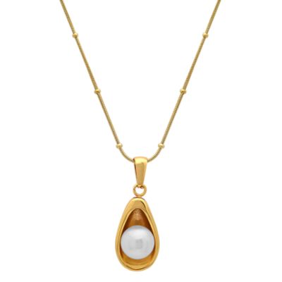 Saffron 18K Gold Plated Pearl Pendant Necklace for Women, Stainless Steel Teardrop Pearl Pendant, Adjustable Snake Chain, Hypoallergenic Elegant