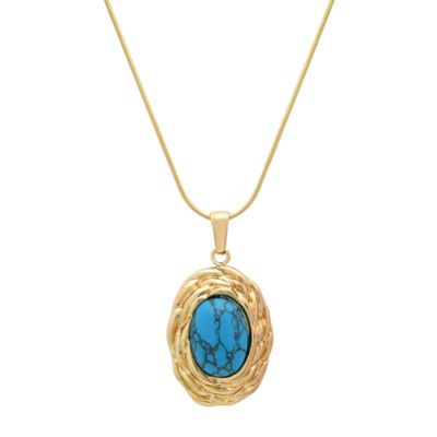 Saffron 18K Gold Plated Turquoise Pendant Necklace for Women, Oval Blue Stone Statement Pendant, Stainless Steel Snake Chain, Hypoallergenic Boho