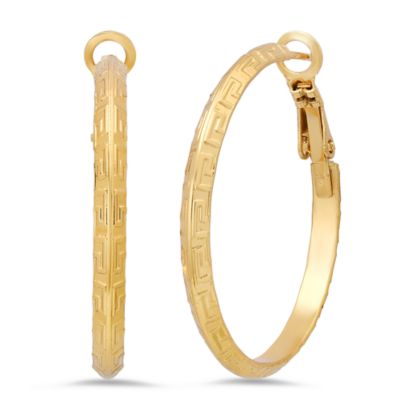 Saffron 18K Gold Plated Greek Key Hoop Earrings for Women, Stainless Steel Textured Hoops, Hypoallergenic Classic Statement Jewelry Gift