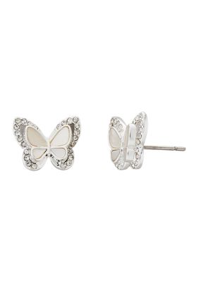 Belk Genuine Crystal and Mother of Pearl Butterfly Earrings, Silver