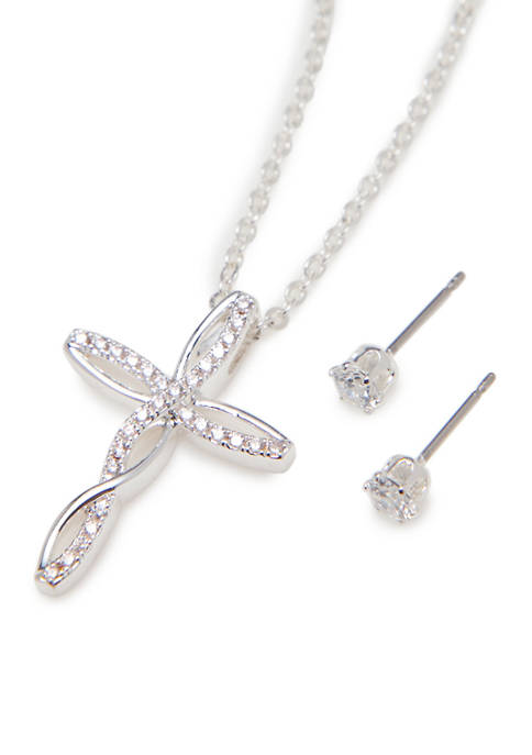 Belk Silver-Tone Cross Necklace Cubic Zirconia Earrings Set