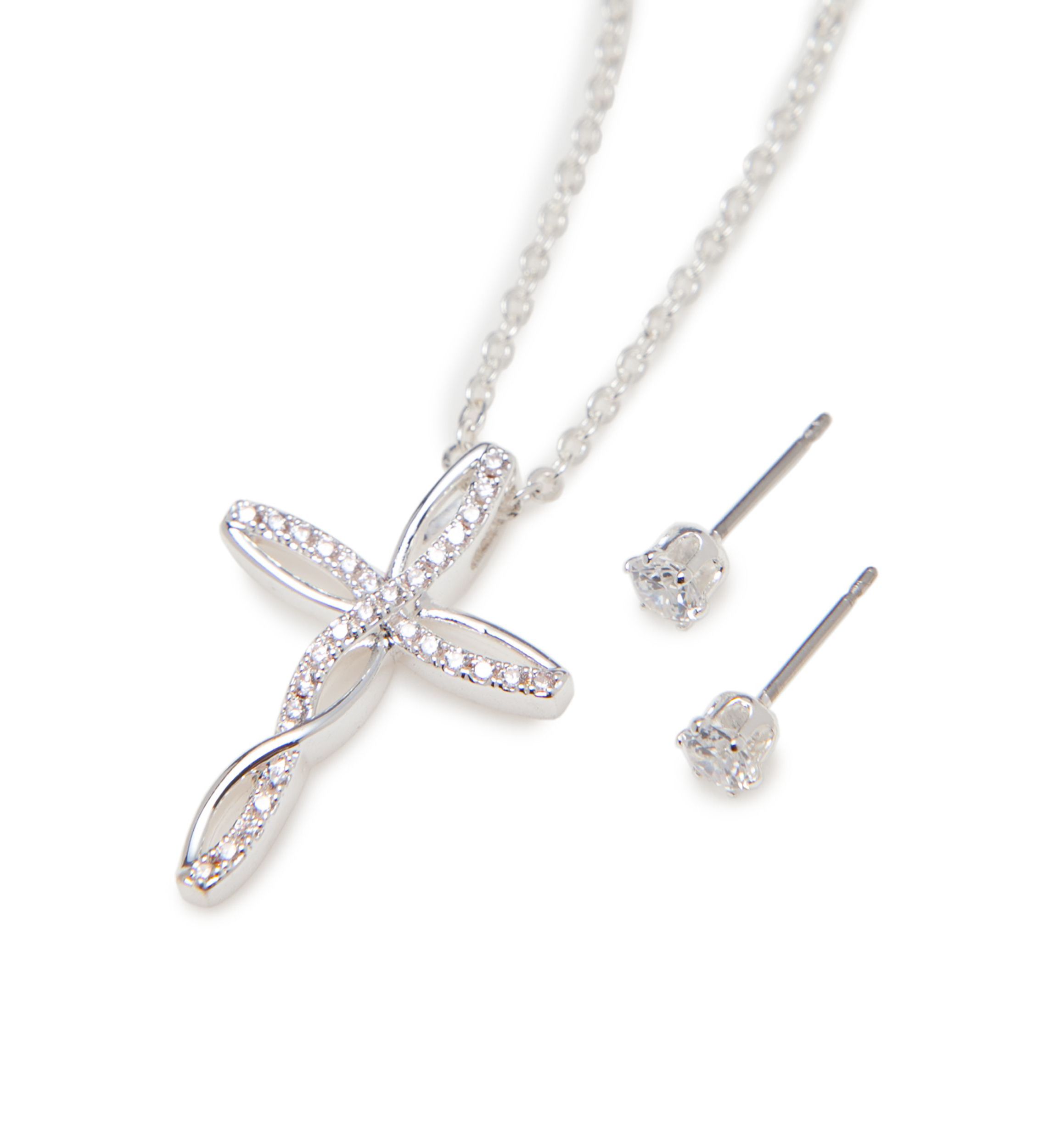 Silver-Tone Cross Necklace Cubic Zirconia Earrings Set