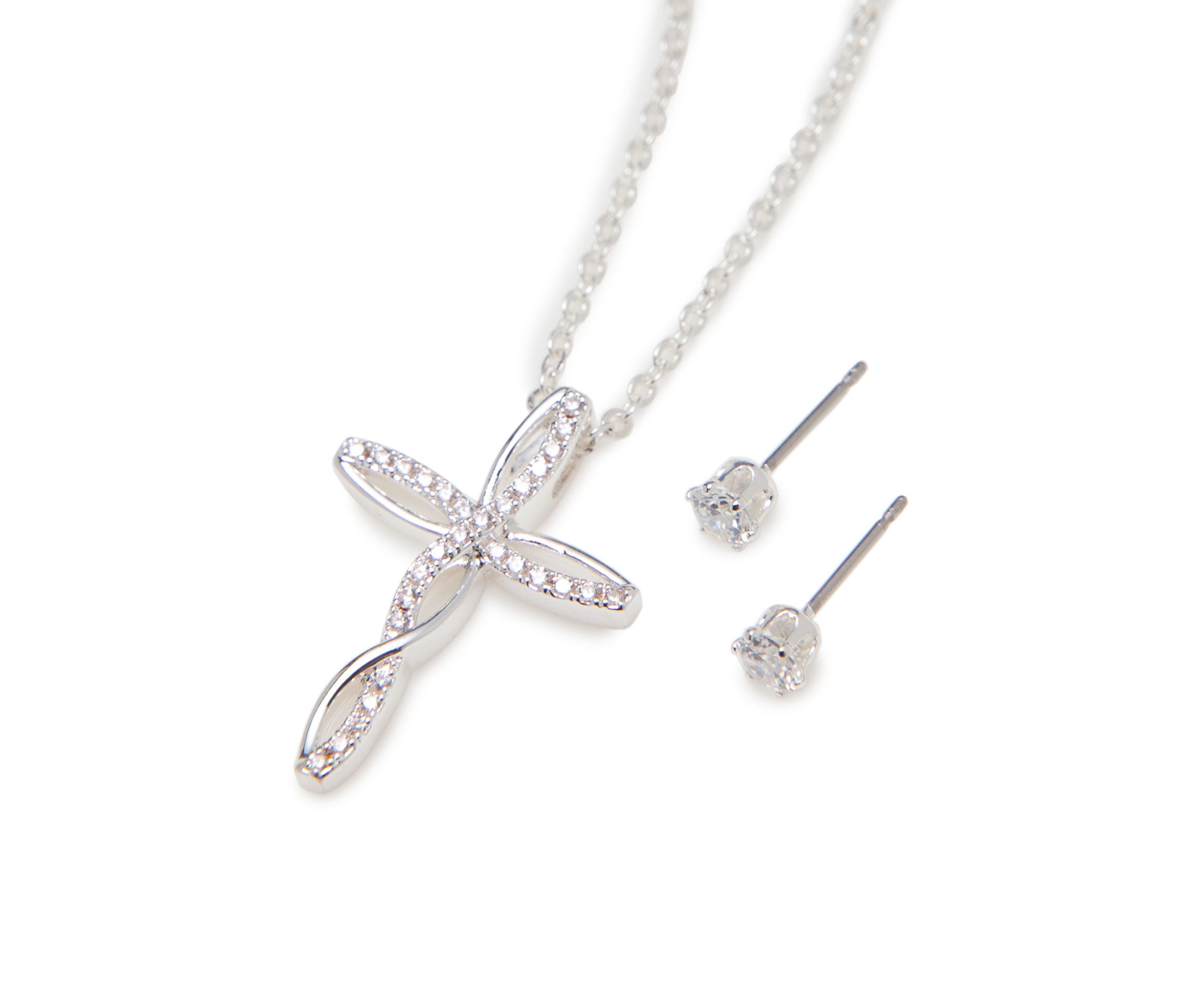 Silver-Tone Cross Necklace Cubic Zirconia Earrings Set