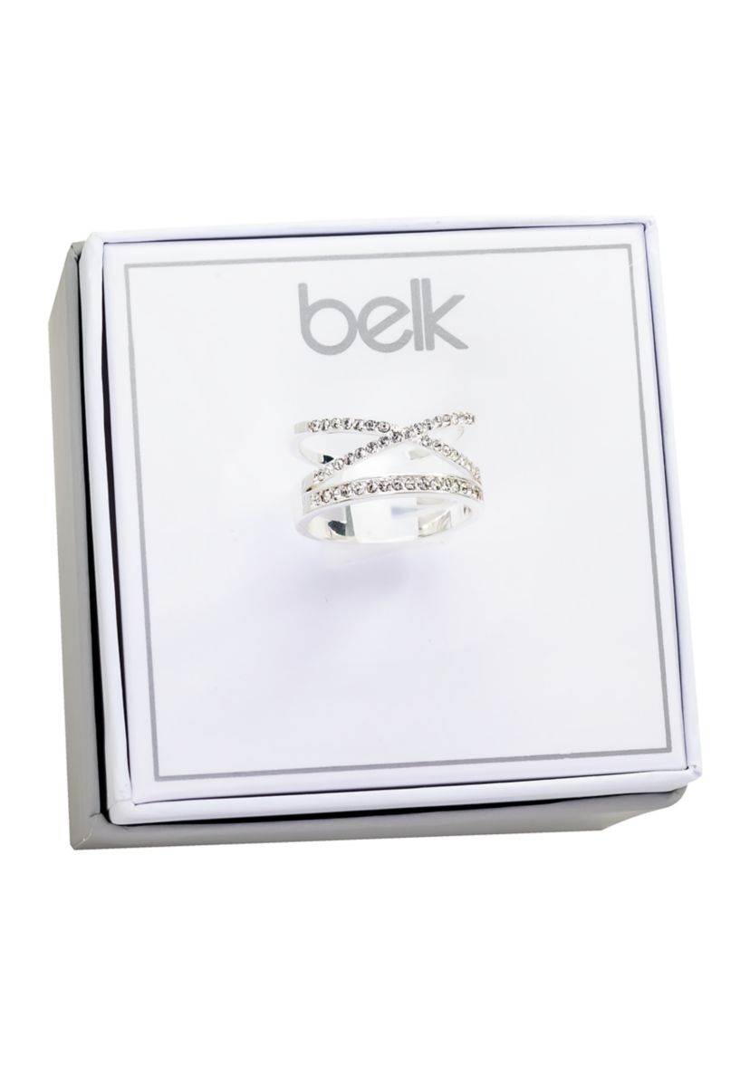 Lab Created Crystal X Bar Pavé Silver Ring