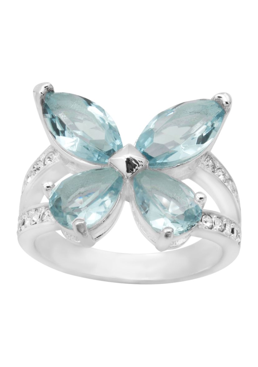 Silver CZ Light Blue and Pavé Butterfly Ring